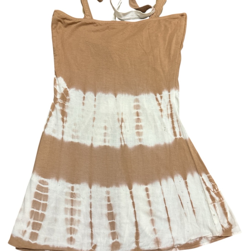 Sky Fashion Bohemian Leather Fringe Feather Tan Cream Tie-Dye Halter Top Sz S - Picture 10 of 10